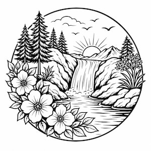 Può includere: Un'illustrazione circolare in bianco e nero a tratto che mostra un paesaggio con una cascata che si getta in un fiume, circondata da pini, scogliere rocciose e fiori in primo piano, con un sole e uccelli nel cielo.