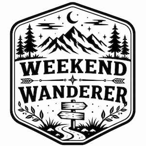 May include: A black and white graphic emblem featuring a mountain range, pine trees, a crescent moon, and stars. The text WEEKEND WANDERER is centered above a wooden signpost and a winding path, all enclosed within a shield-shaped border design.