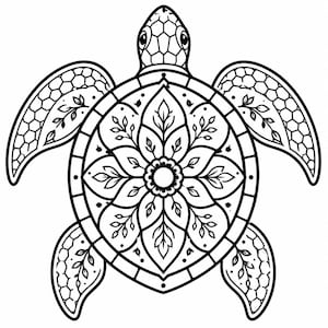 May include: A black and white line art illustration of a sea turtle. The turtle shell features a symmetrical floral mandala pattern with leaf motifs. The head and flippers are decorated with a hexagonal scale pattern, creating a detailed design.