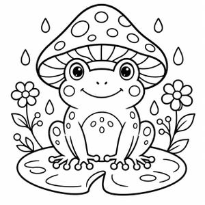 May include: A black and white line art illustration of a smiling frog sitting on a lily pad. The frog wears a large mushroom as a hat. The scene includes two small flowers on either side and several raindrops falling in the background.