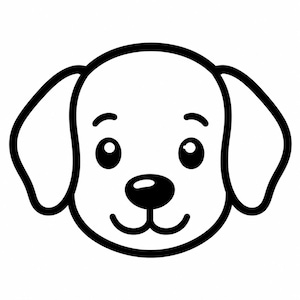 Könnte beinhalten: Eine schwarz-weiße Strichzeichnung eines Hundegesichts. Die Darstellung zeigt eine abgerundete Kopfform, zwei große Schlappohren, einfache geschwungene Augenbrauen, zwei kreisförmige Augen mit Lichtreflexen, eine schwarze ovale Nase und einen Mund.