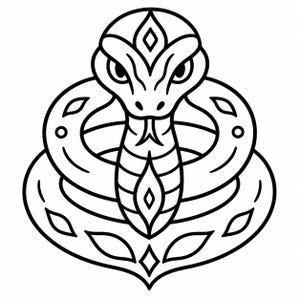 Op de afbeelding: Een zwart-wit lijntekening van een opgerolde slang die naar voren kijkt. De slang heeft symmetrische geometrische patronen op de kop en het lichaam, met een gespleten tong zichtbaar. Het ontwerp maakt gebruik van strakke, duidelijke lijnen.