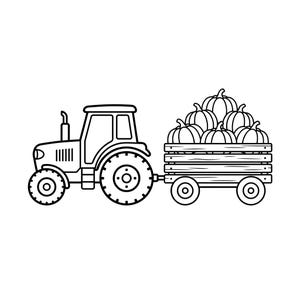 Op de afbeelding: Een zwart-wit lijntekening van een landbouwtrekker die een houten wagen trekt. De wagen is gevuld met een stapel van zes pompoenen. De tractor is voorzien van grote achterwielen, een kleiner voorwiel en een verticale uitlaatpijp bovenop.
