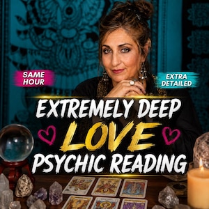 May include: A psychic reading service advertisement featuring the text "SAME HOUR", "EXTRA DETAILED", and "EXTREMELY DEEP LOVE PSYCHIC READING" with pink heart icons. The image displays a clear crystal ball, various quartz crystals, and tarot cards.