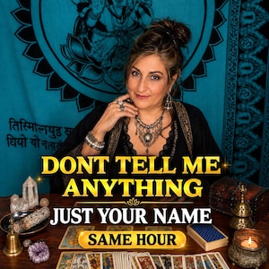 May include: A person wearing a black top and layered jewelry, including a beaded bracelet and a statement necklace. The image features text that reads: DONT TELL ME ANYTHING JUST YOUR NAME SAME HOUR, surrounded by tarot cards, crystals, and a candle.