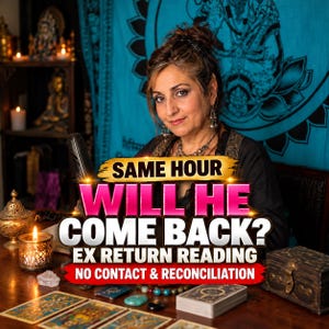 May include: A person sits behind a wooden table with tarot cards, a lit candle, a small wooden box, and a metal incense burner. The text reads: SAME HOUR WILL HE COME BACK? EX RETURN READING NO CONTACT & RECONCILIATION.