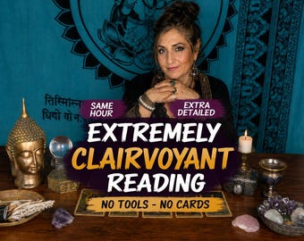 Puede incluir: Un anuncio digital para una lectura de clarividencia extrema con el texto SAME HOUR, EXTRA DETAILED, EXTREMELY CLAIRVOYANT READING y NO TOOLS - NO CARDS. La imagen incluye una estatua dorada de Buda, una bola de cristal y cristales.