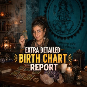 May include: A person holding a tarot card at a wooden table with crystals, candles, and a stack of cards. The text EXTRA DETAILED BIRTH CHART REPORT is overlaid in large yellow and white letters against a dark teal background with a deity illustration.