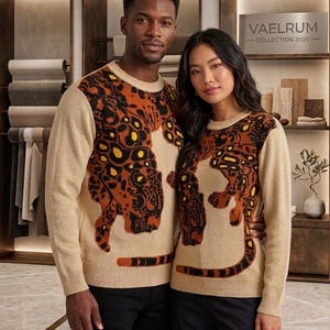 May include: Two beige crewneck sweaters featuring a large, stylized leopard graphic in shades of brown, black, and yellow. The knit sweaters have long sleeves, ribbed cuffs, and a ribbed hem. The design depicts a leopard pattern across the front.