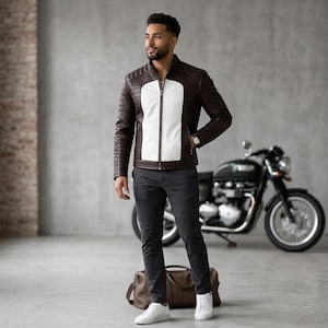 May include: A dark brown leather jacket with a textured crocodile-embossed pattern and a contrasting white vertical panel down the center front. The jacket features a stand-up collar, a full-length silver zipper, and long sleeves with quilted detailing.