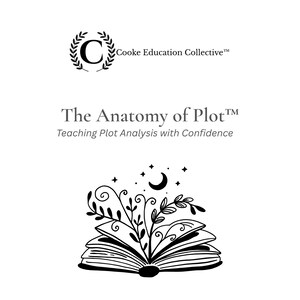 Könnte beinhalten: Ein Dokument mit dem Titel The Anatomy of Plot: Teaching Plot Analysis with Confidence von Cooke Education Collective. Es zeigt eine schwarz-weiße Grafik eines offenen Buches mit floralen Stielen sowie einer Mondsichel und Sternen.