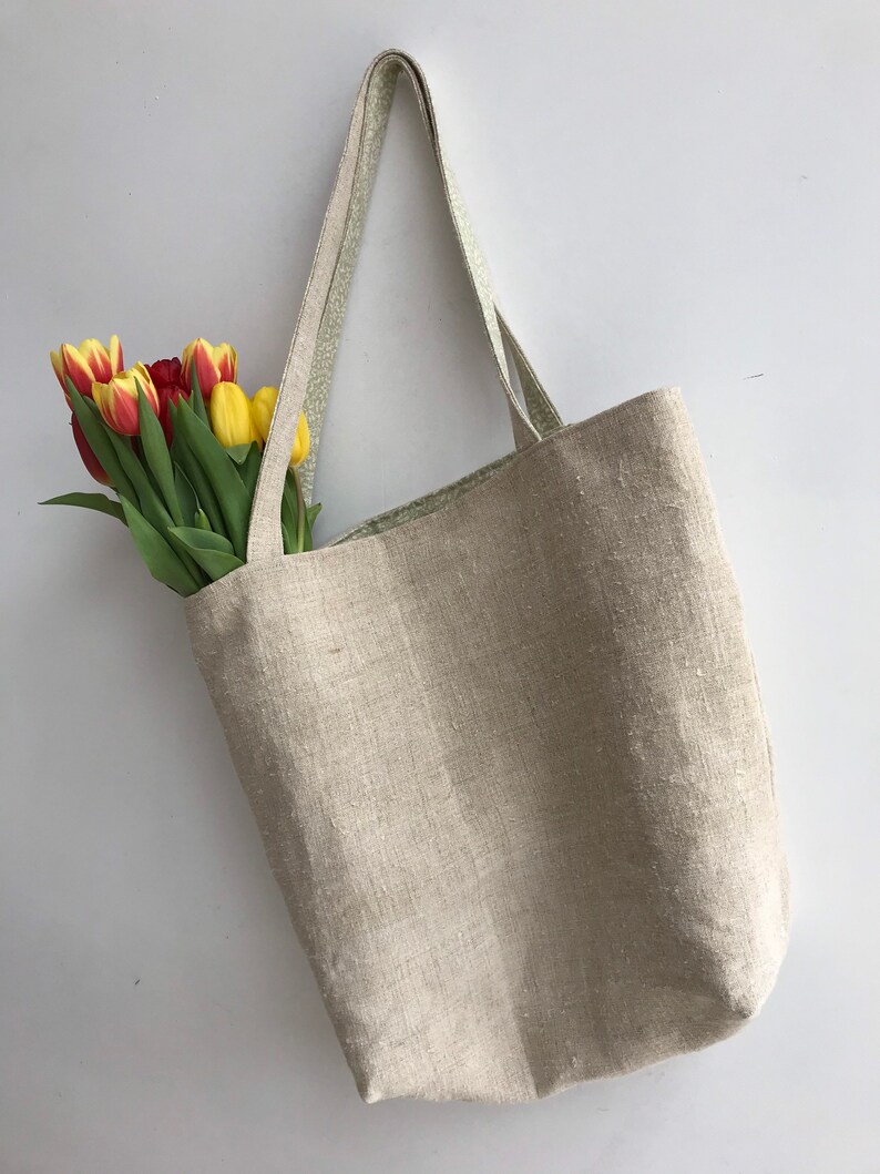 Rustic Linen Market Bag ~ Vintage Ukrainian Hemp ~ Natural Beach Tote ~ Market or Shopping Bag with green lining