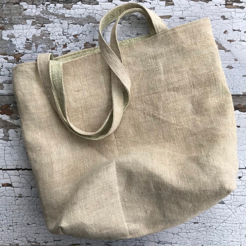 Rustic Linen Market Bag ~ Vintage Ukrainian Hemp ~ Natural Beach Tote ~ Market or Shopping Bag with green lining