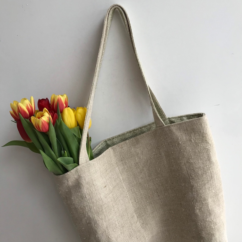 Rustic Linen Market Bag ~ Vintage Ukrainian Hemp ~ Natural Beach Tote ~ Market or Shopping Bag with green lining