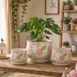 Hand-Painted Ceramic Flower Pot Set, Floral Indoor Planters with Drainage Tray