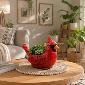 May include: A bright red cardinal bird-shaped planter featuring a textured feather design, a black mask around the eyes, and an orange beak. The hollow back of the bird holds a cluster of green succulent plants, creating a decorative centerpiece.