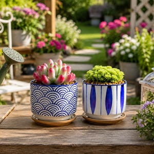May include: Two cylindrical ceramic planters with matching wooden saucers. The left planter features a blue and white wave pattern containing a succulent with pink-tipped leaves. The right planter has blue vertical stripes and a bright green succulent.