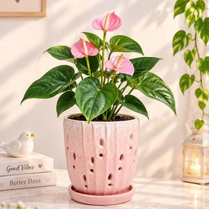 May include: A potted anthurium plant with three pink spathes and dark green heart-shaped leaves. The plant is housed in a cylindrical, light pink ceramic planter featuring vertical ridges and small circular cutouts, set on a matching saucer.