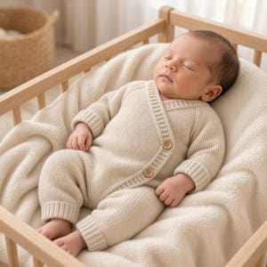 Op de afbeelding: Een crèmekleurige gebreide babyromper met een overslagsluiting aan de voorzijde met twee kleine houten knoopjes, lange mouwen met geribbelde boorden en bijpassende geribbelde beenopeningen, gedragen door een slapende baby op een zachte deken.