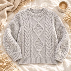 Può includere: Un maglione a maniche lunghe grigio chiaro caratterizzato da un evidente motivo a trecce al centro, affiancato da texture intrecciate verticali e pannelli a rombi con punto testurizzato, rifinito con girocollo e polsini a coste.