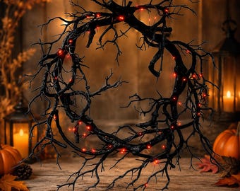 Ghirlanda di Halloween con rami neri e luci a LED, decorazione gotica e spettrale.