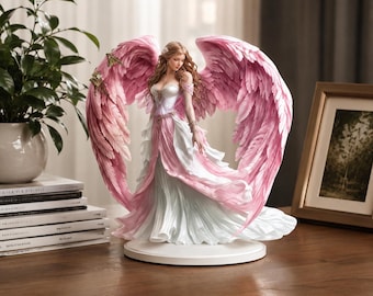 Angelo custode in acrilico stile boho con base, decorazione da scrivania con ali d'angelo rosa, decorazione spirituale per la casa, statuetta di fata da regalo, complemento d'arredo boho.