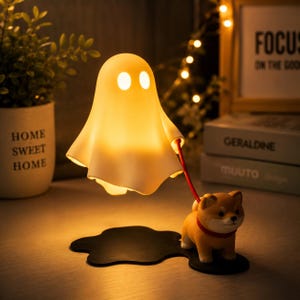 Lámpara nocturna con forma de perro fantasma, lámpara LED cálida, decoración de resina para Halloween.