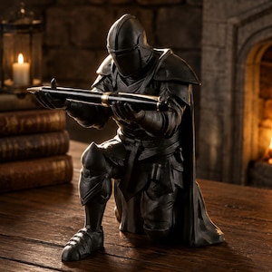 May include: A black knight figurine kneeling while holding a black and gold pen. The knight wears detailed plate armor with a helmet, shoulder pauldrons, and a cape. The pen is held horizontally in both hands, featuring a gold band in the center.