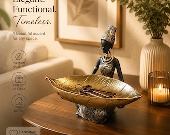 African Girl Leaf Tray Sculpture, Resin Entryway Catchall, Decorative Storage Statue, Desk Decor