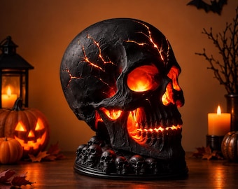 Lampada a forma di teschio in pietra lavica per Halloween, spettrale luce a LED a forma di teschio, lampada da scrivania gotica, decorazione per feste di Halloween, idea regalo per caminetto.