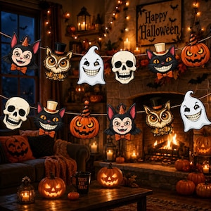 May include: A Halloween banner featuring two rows of hanging paper cutouts including skulls, orange jack-o'-lanterns with striped hats, black cats wearing top hats, owls with bow ties, and white ghosts, all strung together on a thin twine string.