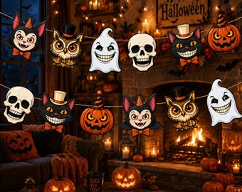 Striscione di Halloween vintage: ghirlanda di personaggi spettrali retrò per decorazioni per feste / Ghirlanda spettrale con zucca, fantasma, strega, gufo e gatto nero