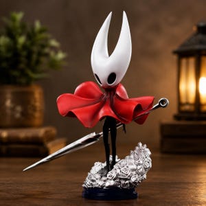May include: A collectible figurine of a character with a white, horned head and black eyes, wearing a vibrant red cloak. The figure holds a long, silver needle-like weapon and stands atop a base decorated with sculpted silver roses.