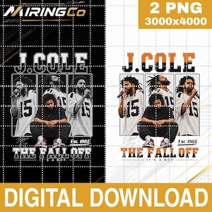May include: A digital graphic design featuring J. Cole in three distinct poses, wearing a jersey with the number 15. The text reads J. COLE, Est. 1985, THE FALL OFF, and IT'S A BOY. The design is presented in two colour variations, black and white.