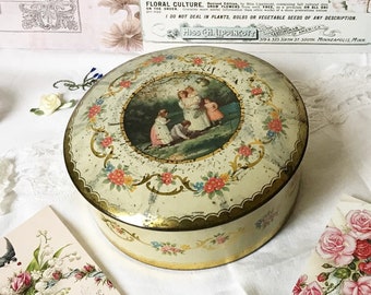 antique round tin container cream and gold tin round biscuit tin cookie tin tin canister round tin container shabby chic container