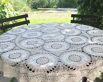 vintage round beige tablecloth with beautiful embroidery and crocheted lace beige lace vintage lace tablecloth