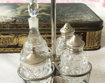 vintage cruet set condiment set silver and glass salt and pepper shakers vinegar bottle mustard pot silver plated tray and tops London 1962