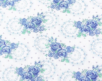blue and green roses fabric vintage French floral fabric cottage chic 113