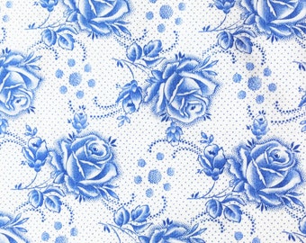 vintage french blue roses fabric, antique french fabric quilting fabric patchwork  blue floral cotton fabric 126