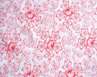 red floral fabric vintage French quilting fabric patchwork fabric antique french fabric red flowers red fabric 146