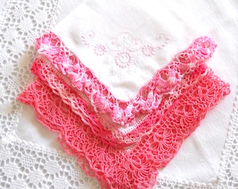 3 vintage lace handkerchiefs vintage handkerchiefs pink lace hankies ladies hankies