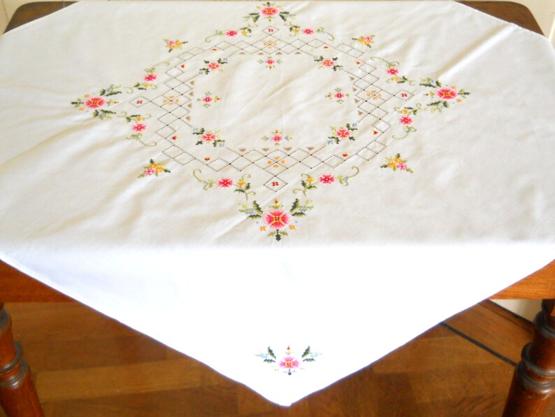 Vintage embroidered tablecloth vintage white tablecloth floral Etsy