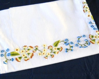 embroidered tablecloth floral tablecloth vintage white tablecloth yellow and blue flowers