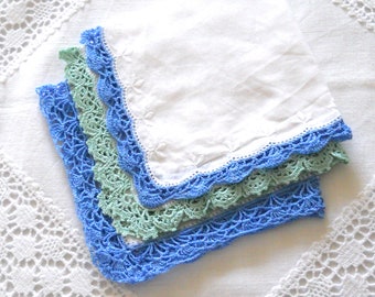 3 vintage lace handkerchiefs in blue and green vintage handkerchiefs lace hankies