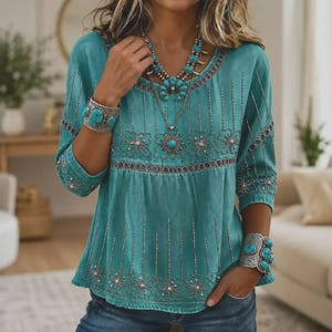 Women's Boho Printed Blouse Western Floral Tunic Casual Vintage Summer Top Loose Relaxed Fit