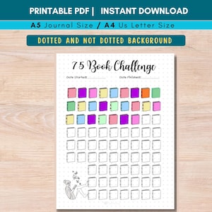 May include: A printable 75 Book Challenge tracker sheet featuring a dotted grid background, a title, spaces for dates, and 75 book icons. The top rows show colored book icons in pink, purple, blue, green, and orange, while the bottom rows are blank.