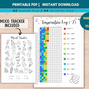 May include: A printable PDF set featuring a Temperature Log with a colour-coded scale in Fahrenheit and a Mood Tracker page. The Temperature Log includes a grid for daily tracking, while the Mood Tracker displays various black and white line art icons representing different moods and activities, with checkboxes for tracking emotional states.
