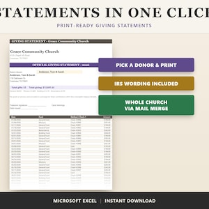 Church Tithe Tracker Spreadsheet | Year End Giving Statements Excel | Donation Contribution Log for Treasurers
