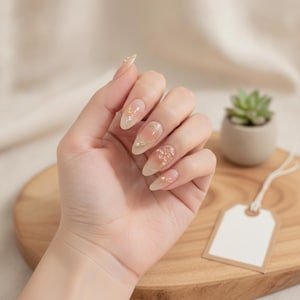 Peut inclure: Ongles en forme d'amande avec une base dégradée nude douce, des accents de fil doré délicats et de petites perles blanches. Le nail art présente des motifs floraux complexes et de fines lignes métalliques appliquées sur chaque ongle.