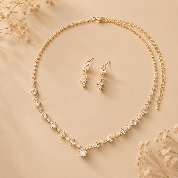Sparkling Bridal Jewelry Set – Gold Tone Wedding Necklace & Earrings